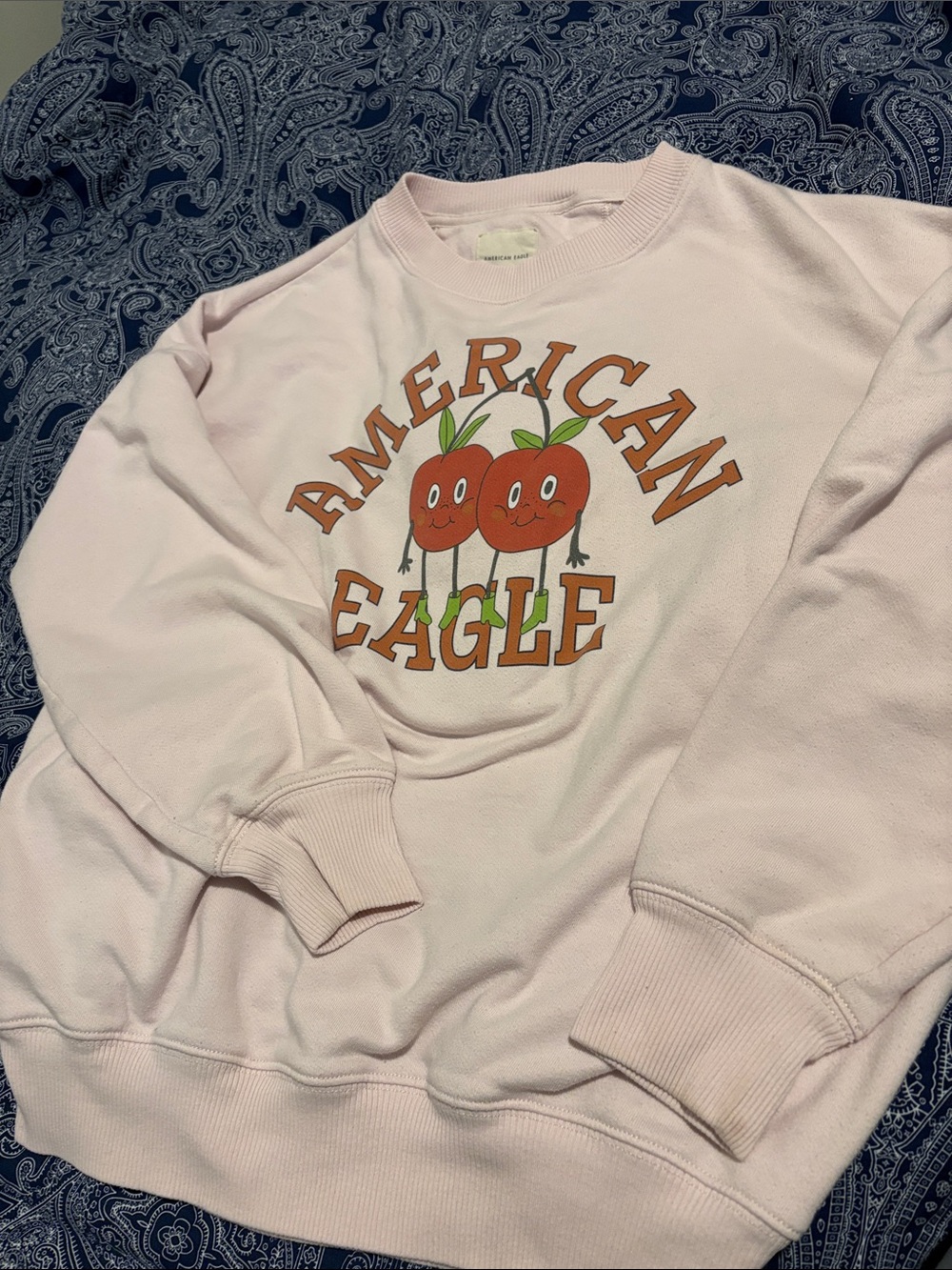 American Eagle Outfitters Light Pink Crewneck with Orange Cherry Graphic